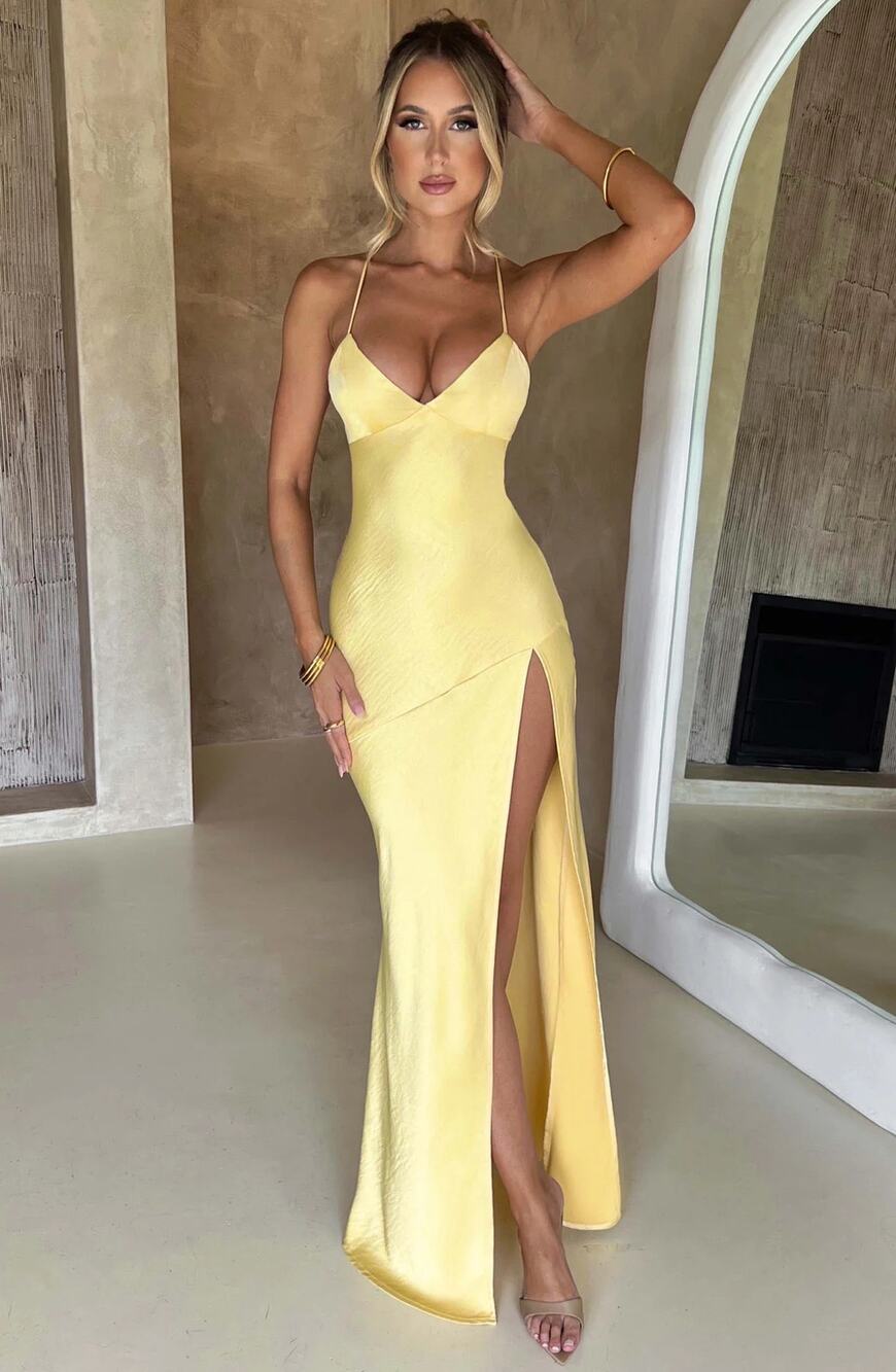 NWT Babyboo Isobel Lemon Yellow Satin Lace Up Back High Slit Maxi Dress Size M